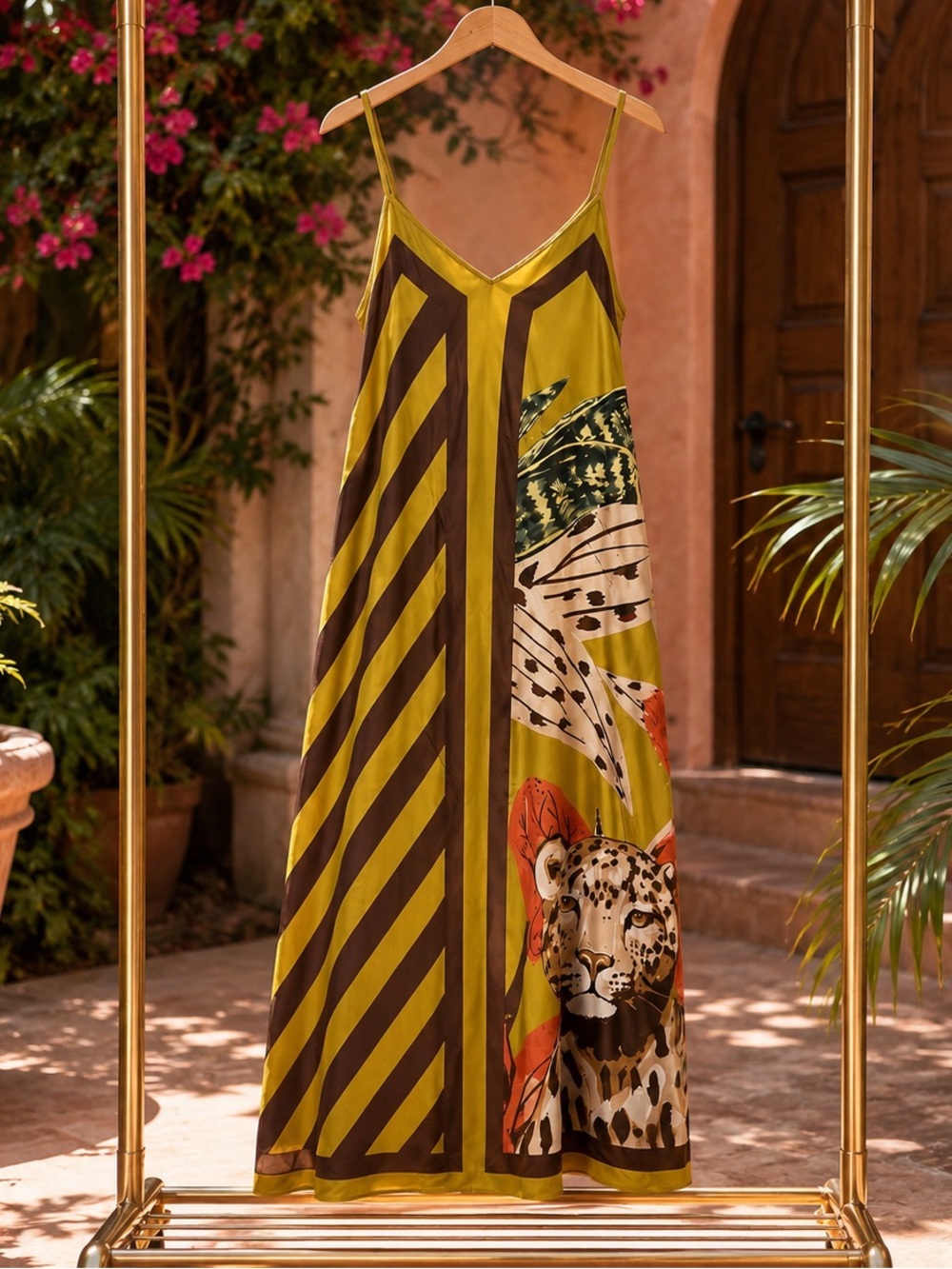 Made in Italy Silk Olive Green Printed Slip Dress with Leopard Motif OS